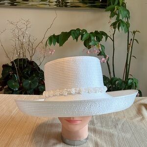 Chic White Satin Ribbon Wide-Brim Hat with White Pearl Floral Band